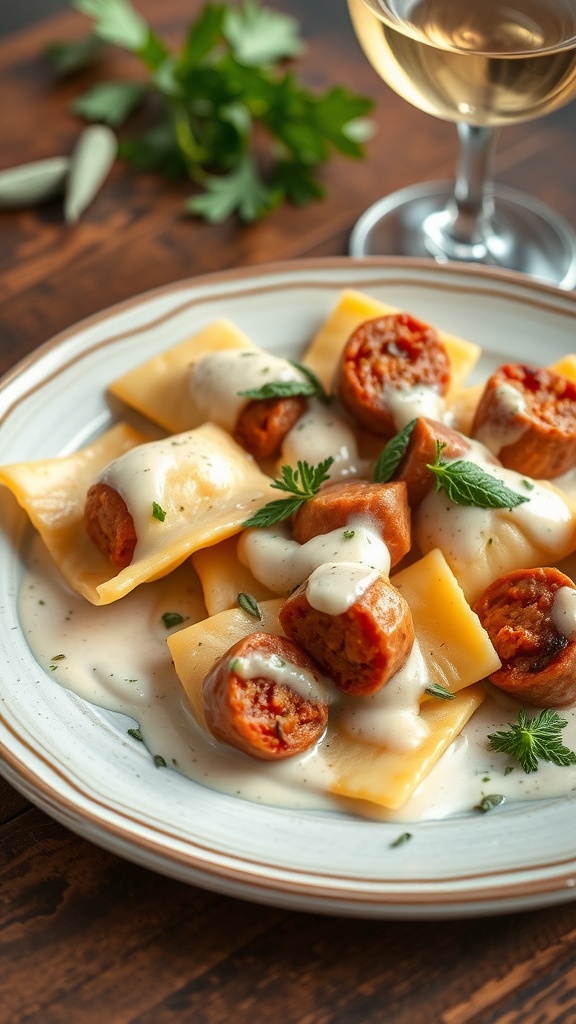 Creamy Tuscan ravioli with Italian sausage in cream sauce, garnished with sage and parsley.